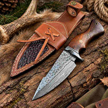 Load image into Gallery viewer, Handmade Damascus Hunting Knife with Wooden Handle and Leather Sheath