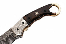 Load image into Gallery viewer, Handmade Damascus Folding Karambit Knife with Ring Handle, Dark Wood Grip &amp; Engraved Bolster