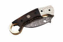 Load image into Gallery viewer, Handmade Damascus Folding Karambit Knife with Ring Handle, Dark Wood Grip &amp; Engraved Bolster