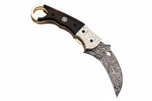 Load image into Gallery viewer, Handmade Damascus Folding Karambit Knife with Ring Handle, Dark Wood Grip &amp; Engraved Bolster