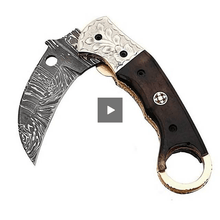 Load image into Gallery viewer, Handmade Damascus Folding Karambit Knife with Ring Handle, Dark Wood Grip &amp; Engraved Bolster
