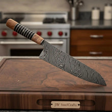 Load image into Gallery viewer, Damascus Kiritsuke Gyuto Chef Knife 12” – Olive Wood &amp; Black Resin Handle with Brass Spacers | Full Tang Japanese Hybrid Knife
