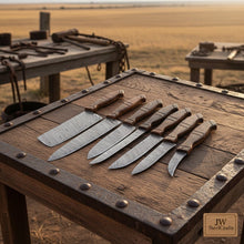Load image into Gallery viewer, Handmade Damascus Kitchen Knife Set 7 Piece Chef Santoku Nakiri Cleaver Bread Fillet Boning and Paring Knives Rose Wood Handle Professional Cooking Set JW SteelCrafts