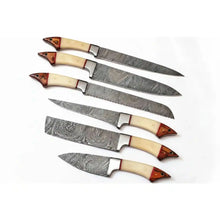 Load image into Gallery viewer, 6-Piece Damascus Kitchen Knife Set — Chef, Bread, Fillet, Cleaver &amp; Utility Knives with White Bone and Red Wood Handles, Leather Roll &amp; Sharpener