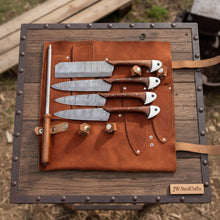 Load image into Gallery viewer, Handmade Damascus Kitchen Knife Set with Leather Roll and Sharpening Rod Rose Wood Handle Professional Chef Knife Collection JW SteelCrafts