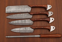 Load image into Gallery viewer, Handmade Damascus Kitchen Knife Set with Leather Roll and Sharpening Rod Rose Wood Handle Professional Chef Knife Collection JW SteelCrafts