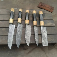 Load image into Gallery viewer, 5 Piece Damascus Chef Knife Set | Handmade Kitchen Knives Olive Wood &amp; Resin Handles