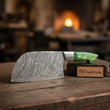 Load image into Gallery viewer, Handmade Damascus Nakiri Chef Knife with Wide Vegetable Blade, Green Pakka Wood Handle, Full Tang Kitchen Knife, JW SteelCrafts