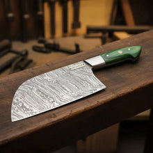 Load image into Gallery viewer, Handmade Damascus Nakiri Chef Knife with Wide Vegetable Blade, Green Pakka Wood Handle, Full Tang Kitchen Knife, JW SteelCrafts