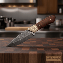 Load image into Gallery viewer, Handmade Damascus Petty Knife with Engraved Brass Bolster, Japanese Utility Knife, Forged Damascus Steel Kitchen Knife, Rosewood Handle, JW SteelCrafts