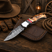 Load image into Gallery viewer, Handmade Damascus Pocket Knife – Burnt Camel Bone Handle Folding Knife with Leather Sheath | Custom EDC Hunting Knife Gift for Men
