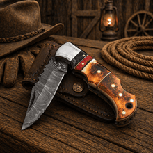 Load image into Gallery viewer, Handmade Damascus Pocket Knife – Burnt Camel Bone Handle Folding Knife with Leather Sheath | Custom EDC Hunting Knife Gift for Men