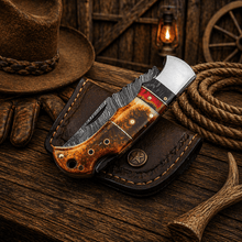 Load image into Gallery viewer, Handmade Damascus Pocket Knife – Burnt Camel Bone Handle Folding Knife with Leather Sheath | Custom EDC Hunting Knife Gift for Men