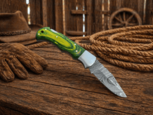 Load image into Gallery viewer, Handmade Damascus Pocket Knife – Folding Knife with Wood Handle &amp; Back Lock | Custom EDC Hunting Knife Gift for Men