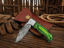 Load image into Gallery viewer, Handmade Damascus Pocket Knife – Folding Knife with Wood Handle &amp; Back Lock | Custom EDC Hunting Knife Gift for Men