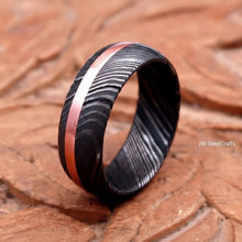 Load image into Gallery viewer, Damascus Offset Copper Inlay Ring with a Domed Dark Band