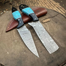 Load image into Gallery viewer, Handmade Damascus Skinner 7”–8” Knife Set Cowboy Ranch Blades Turquoise Handle with Sheath
