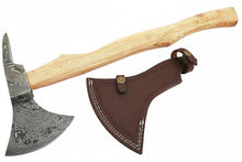 Load image into Gallery viewer, Handmade Damascus Steel Bearded Spike Axe – Hand Forged Viking Bearded Axe with Ash Wood Handle and Leather Sheath | JW SteelCrafts