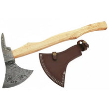 Load image into Gallery viewer, Handmade Damascus Steel Bearded Spike Axe – Hand Forged Viking Bearded Axe with Ash Wood Handle and Leather Sheath | JW SteelCrafts