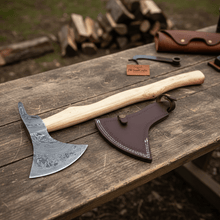 Load image into Gallery viewer, Handmade Damascus Steel Bearded Spike Axe – Hand Forged Viking Bearded Axe with Ash Wood Handle and Leather Sheath | JW SteelCrafts