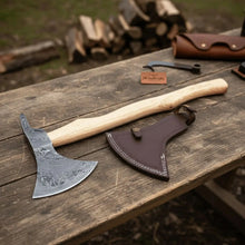 Load image into Gallery viewer, Handmade Damascus Steel Bearded Spike Axe – Hand Forged Viking Bearded Axe with Ash Wood Handle and Leather Sheath | JW SteelCrafts