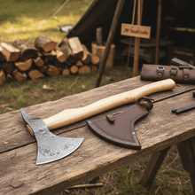 Load image into Gallery viewer, Handmade Damascus Steel Bearded Spike Axe – Hand Forged Viking Bearded Axe with Ash Wood Handle and Leather Sheath | JW SteelCrafts