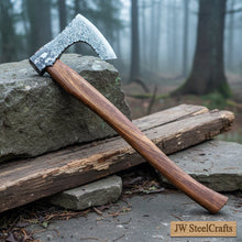 Load image into Gallery viewer, Handmade Damascus Steel Bearded Viking Axe with Hardwood Handle – Custom Forged Norse Camp Axe | JW SteelCrafts