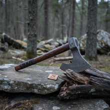 Load image into Gallery viewer, Handmade Damascus Steel Bearded Viking Axe with Hardwood Handle – Custom Forged Norse Camp Axe | JW SteelCrafts
