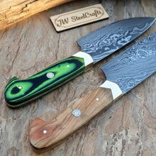 Load image into Gallery viewer, Handmade Damascus Steel Chef Knife Set - 2-Piece with Wooden &amp; Green Resin Handles