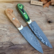 Load image into Gallery viewer, Handmade Damascus Steel Chef Knife Set - 2-Piece with Wooden &amp; Green Resin Handles