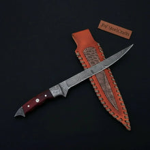 Load image into Gallery viewer, Handmade 13 Inch Overall Damascus Steel Fillet Knife –  Full Tang Fishing Knife with Hardwood Handle and Leather Sheath.