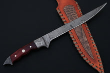 Load image into Gallery viewer, Handmade Damascus Steel Fillet Knife – 13 Inch Overall, 6 Inch Flexible Blade, Full Tang Fishing Knife with Hardwood Handle and Leather Sheath, Professional Fish Filleting Knife, JW SteelCrafts