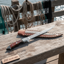 Load image into Gallery viewer, Handmade Damascus Steel Fillet Knife – 13 Inch Overall, 6 Inch Flexible Blade, Full Tang Fishing Knife with Hardwood Handle and Leather Sheath, Professional Fish Filleting Knife, JW SteelCrafts