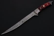 Load image into Gallery viewer, Handmade Damascus Steel Fillet Knife – 13 Inch Overall, 6 Inch Flexible Blade, Full Tang Fishing Knife with Hardwood Handle and Leather Sheath, Professional Fish Filleting Knife, JW SteelCrafts