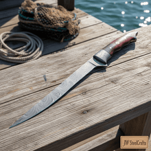 Load image into Gallery viewer, Handmade Damascus Steel Fillet Knife – 13 Inch Overall, 6 Inch Flexible Blade, Full Tang Fishing Knife with Hardwood Handle and Leather Sheath, Professional Fish Filleting Knife, JW SteelCrafts