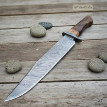 Load image into Gallery viewer, Handmade Damascus Steel Fighter Knife - Combat Blade with Wooden Handle &amp; Leather Sheath