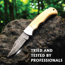 Load image into Gallery viewer, Handmade Damascus Steel Folding Knife – Camel Bone Handle (5 Handle Options)