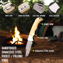 Load image into Gallery viewer, Handmade Damascus Steel Folding Knife – Camel Bone Handle (5 Handle Options)