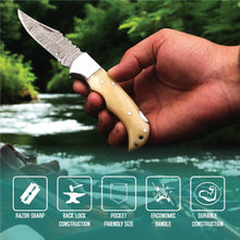 Load image into Gallery viewer, Handmade Damascus Steel Folding Knife – Camel Bone Handle (5 Handle Options)