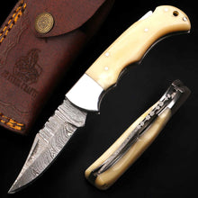 Load image into Gallery viewer, Handmade Damascus Steel Folding Knife – Camel Bone Handle (5 Handle Options)