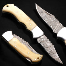 Load image into Gallery viewer, Handmade Damascus Steel Folding Knife – Camel Bone Handle (5 Handle Options)