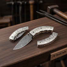 Load image into Gallery viewer, Handmade Damascus Steel Folding Knife – Engraved Brass Handle EDC Pocket Knife with Leather Sheath