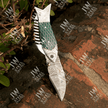 Load image into Gallery viewer, Handmade Damascus Steel Folding Knife – Green Honeycomb Handle