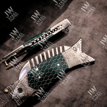 Load image into Gallery viewer, Handmade Damascus Steel Folding Knife – Green Honeycomb Handle