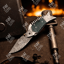 Load image into Gallery viewer, Handmade Damascus Steel Folding Knife – Green Honeycomb Handle