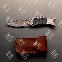 Load image into Gallery viewer, Handmade Damascus Steel Folding Knife – Green Honeycomb Handle