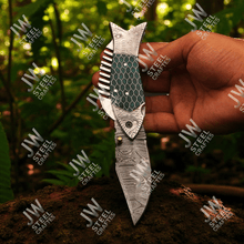 Load image into Gallery viewer, Handmade Damascus Steel Folding Knife – Green Honeycomb Handle