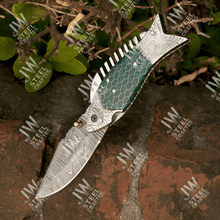Load image into Gallery viewer, Handmade Damascus Steel Folding Knife – Green Honeycomb Handle