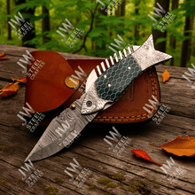 Load image into Gallery viewer, Handmade Damascus Steel Folding Knife – Green Honeycomb Handle