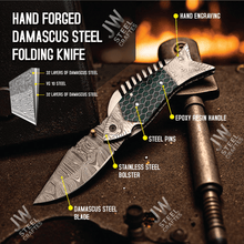 Load image into Gallery viewer, Handmade Damascus Steel Folding Knife – Green Honeycomb Handle